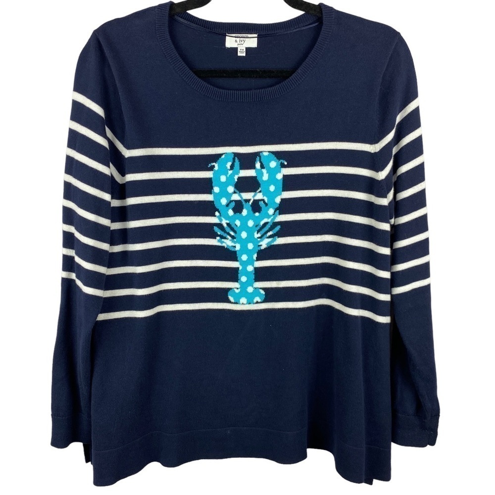 Crown & Ivy Coastal Lobster Navy White Striped Sweater Medium Petite